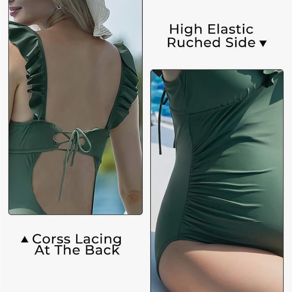 Green Ruffled One-Piece Swimsuit - Maternity - Picture 5 of 9